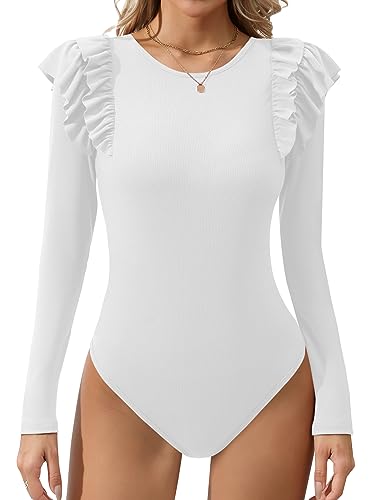 Missufe Stricktop Elegant Rüschen Langarm Body Damen Rundhals Oberteil (Weiß, XX-Large) von Missufe