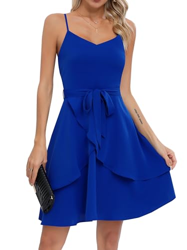 Missufe Swing Freizeitkleid Spaghettiträger Rüschen Minikleid Damen Sommerkleid Krawatte Kurz Kleider (Blau, X-groß) von Missufe