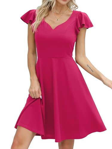 Missufe Vintage Kurz Herzausschnitt Minikleid Damen Cocktailkleid Elegant A-Linie Kleider (Heißes Rosa, XX-groß) von Missufe