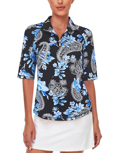 Misyula Style Misyula Damen-Golfshirt, schnelltrocknend, halbe Ärmel, Viertelreißverschluss, Poloshirt, Workout-Top, Tennis-Shirt, M-XXL, schwarz / blau, Mittel von Misyula Style