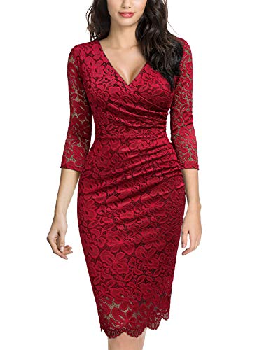 MIUSOL Damen V-Ausschnitt Vintage Etuikleid 3/4 Arm Spitzenkleid Cocktailkleid festliches Partykleid Rot L von MIUSOL