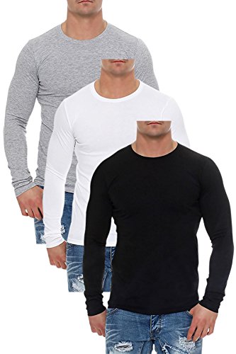 Mivaro Herren Langarmshirts mit Rundhals-Ausschnitt, Longsleeves für Sport und Freizeit, 3er Pack, Größe:3XL, Farbe:Schwarz/Weiß/Grau von Mivaro