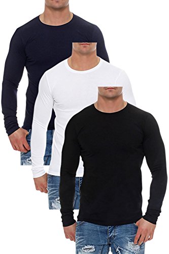 Mivaro Herren Langarmshirts mit Rundhals-Ausschnitt, Longsleeves für Sport und Freizeit, 3er Pack, Größe:4XL, Farbe:Schwarz/Dunkelblau/Weiß von Mivaro