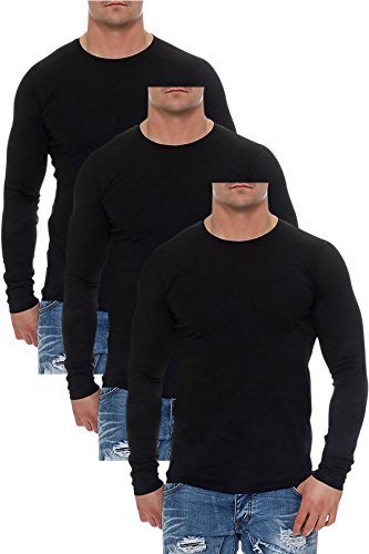 Mivaro Herren Langarmshirts mit Rundhals-Ausschnitt, Longsleeves für Sport und Freizeit, 3er Pack, Größe:4XL, Farbe:Schwarz von Mivaro