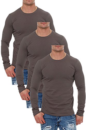 Mivaro Herren Langarmshirts mit Rundhals-Ausschnitt, Longsleeves für Sport und Freizeit, 3er Pack, Größe:L, Farbe:Anthrazit von Mivaro