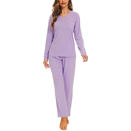 Mnamo Damen Schlafanzug Weich Gestricktes Pyjama Set V-Ausschnitt Reines Lila 2 Stück Slim Fit Gemütliche Nachtwäsche 100% Baumwolle Weiße Einsätze Atmungsaktives Gewebe von Mnamo