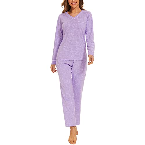 Mnamo Damen Schlafanzug Weich Gestricktes Pyjama Set V-Ausschnitt Tupfenmuster Lila 2 Stück Slim Fit Gemütliche Nachtwäsche 100% Baumwolle Weiße Einsätze Atmungsaktives Gewebe von Mnamo