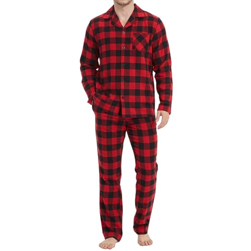 Mnamo Herren Pyjama Set 100% Baumwolle Herren Flanell Schlafanzug Kariert Lang Pyjama mit Tasche von Mnamo