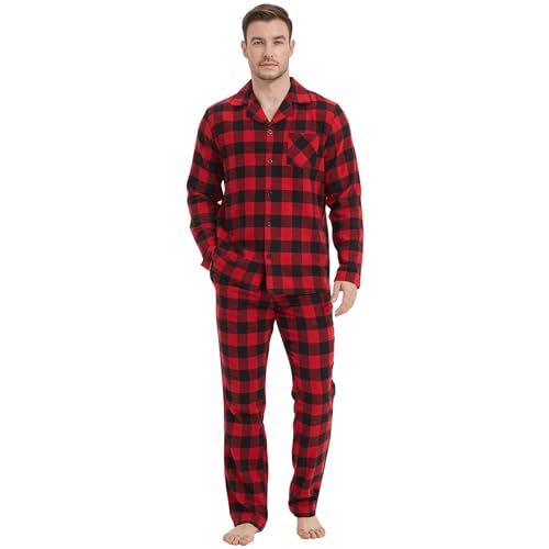 Mnamo Herren Pyjama Set 100% Baumwolle Herren Flanell Schlafanzug Kariert Lang Pyjama mit Tasche von Mnamo