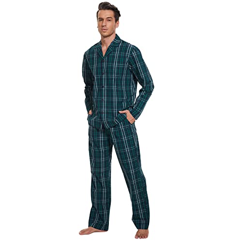 Mnamo Herren Pyjama Set 100% Baumwolle Herren Schlafanzug kariert Lang Pyjama mit Tasche (Grün Plaid, M) von Mnamo