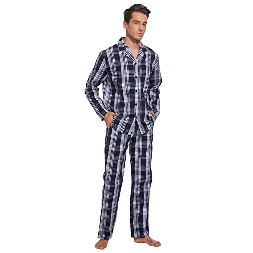 Mnamo Herren Pyjama Set 100% Baumwolle Herren Schlafanzug kariert Lang Pyjama mit Tasche (Schwarzblau Plaid, M) von Mnamo