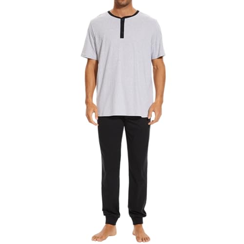 Mnamo Herrren Kurzarm Schlafanzug Pyjama Set Henley-Ausschnitt 100% Baumwolle Grau und Schwarz Sommer Bequemer 2 Stück Weiche Nachtwäsche Loungewear von Mnamo