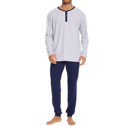 Mnamo Herrren Langarm Schlafanzug Pyjama Set Henley-Ausschnitt 100% Baumwolle Grau und Marineblau Bequemer 2 Stück Weiche Nachtwäsche Loungewear von Mnamo