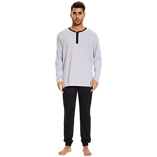 Mnamo Herrren Langarm Schlafanzug Pyjama Set Henley-Ausschnitt 100% Baumwolle Grau und Schwarz Bequemer 2 Stück Weiche Nachtwäsche Loungewear von Mnamo