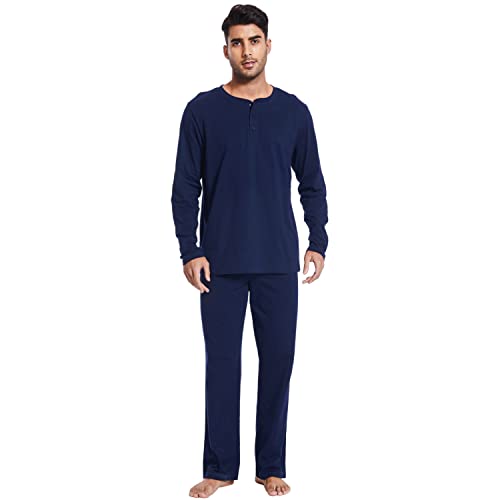 Mnamo Herrren Langarm Schlafanzug Pyjama Set Henley-Ausschnitt 100% Baumwolle Marineblau Bequemer 2 Stück Weiche Nachtwäsche Loungewear von Mnamo