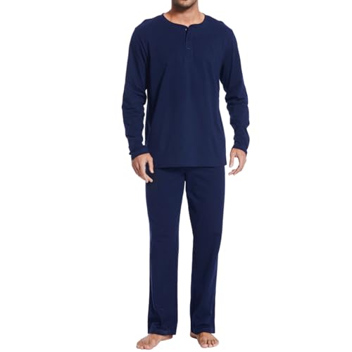 Mnamo Herrren Langarm Schlafanzug Pyjama Set Henley-Ausschnitt 100% Baumwolle Marineblau Bequemer 2 Stück Weiche Nachtwäsche Loungewear von Mnamo