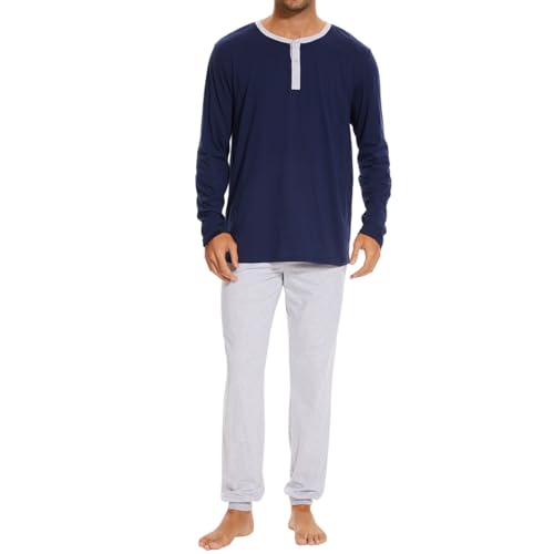 Mnamo Herrren Langarm Schlafanzug Pyjama Set Henley-Ausschnitt 100% Baumwolle Marineblau und Grau Bequemer 2 Stück Weiche Nachtwäsche Loungewear von Mnamo