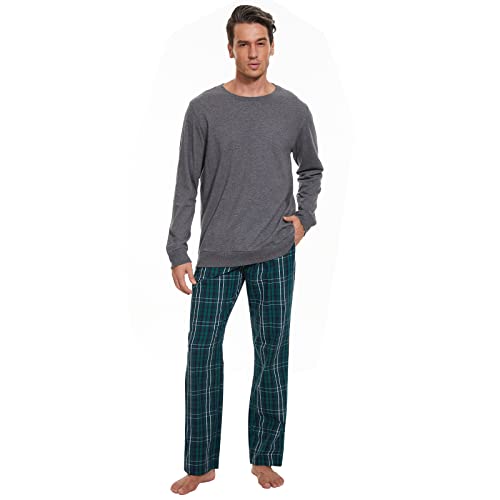 Mnamo Schlafanzug Herren Lang 100% Baumwolle Bequemer Pyjama Herren Baumwolle mit Karomuster (Grau & Grün, M) von Mnamo