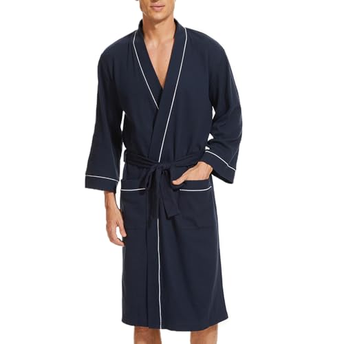 Mnemo Herren Bademantel Waffle Light Kimono Waffle Morgenmantel aus Bio-Baumwolle, Marine, L von Mnemo