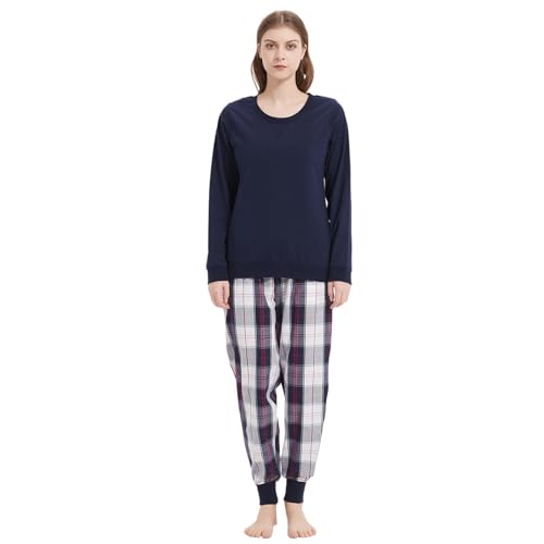 Mnemo Damen Dünner Einfarbiger und Kariertes Schlafanzug 100% Baumwolle Langarm Lange Hose Damen Pyjama Blau-Weißes Karomuster XL von Mnemo