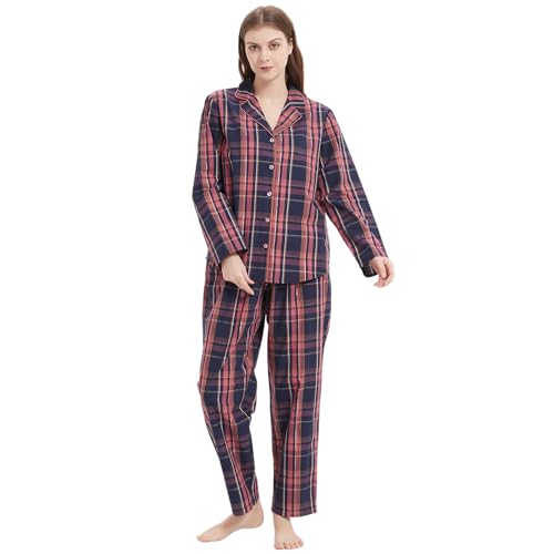 Mnemo Damen Dünner Karierter Schlafanzug 100% Baumwolle Langarm Lange Hose Damen Pyjama Blau-Pinkes Karomuster Blau-Pinkes Karomuster M von Mnemo