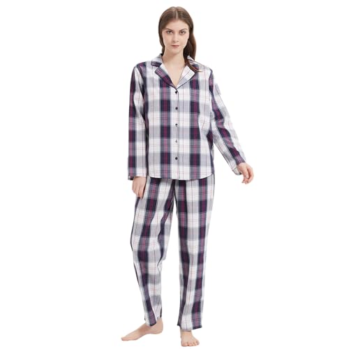 Mnemo Damen Dünner Karierter Schlafanzug 100% Baumwolle Langarm Lange Hose Damen Pyjama Blau-Weißes Karomuster L von Mnemo