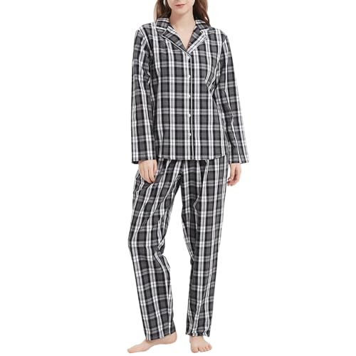 Mnemo Damen Dünner Karierter Schlafanzug 100% Baumwolle Langarm Lange Hose Damen Pyjama Schwarz-Weiß-Graues Karomuster L von Mnemo