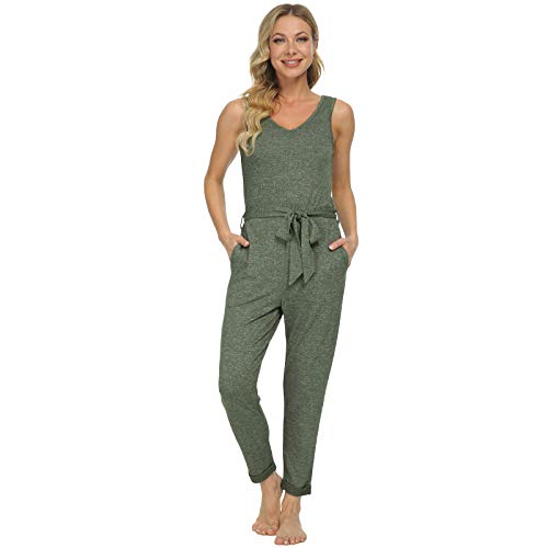 Mnemo Damen Jumpsuit Ärmelloser Strampler mit Rundem Hals Sommeranzug Elegante, Schlanke, Lockere Hose Lässiger Spielanzug mit Gürtel von Mnemo