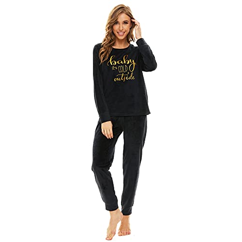 Mnemo Fleece Schlafanzug DamenThermo Fleece Pyjama Damen Rundhals Pyjama Damen Flauschig,Schwarz,M von Mnemo