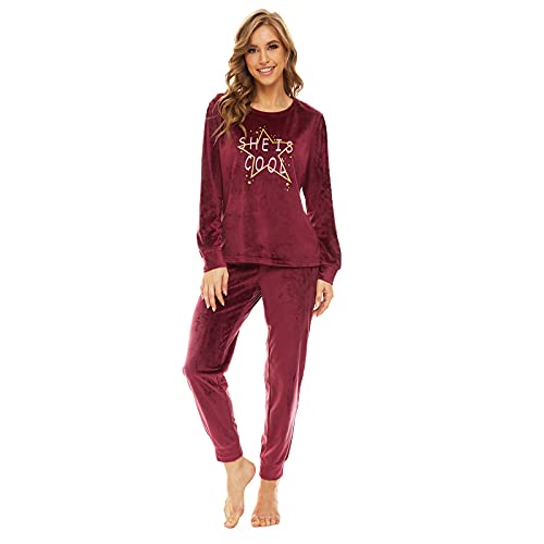 LMnemo Fleece Schlafanzug DamenThermo Fleece Pyjama Damen Rundhals Pyjama Damen Flauschig,Weinrot,L von Mnemo