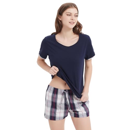 Mnemo Damen Schlafanzug Kurzarm Karomuster Shorts 100% Baumwolle V-Ausschnitt Komfort Atmungsaktiv Damen Pyjama Marineblau mit Blau-Weißem Karomuster S von Mnemo