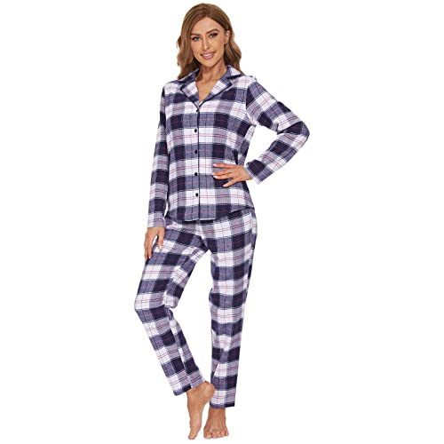 Mnemo Home Damen Schlafanzug Lang Flanell Pyjama Damen 100% Baumwolle aus Flanell (Blau & Weiß, L) von Mnemo