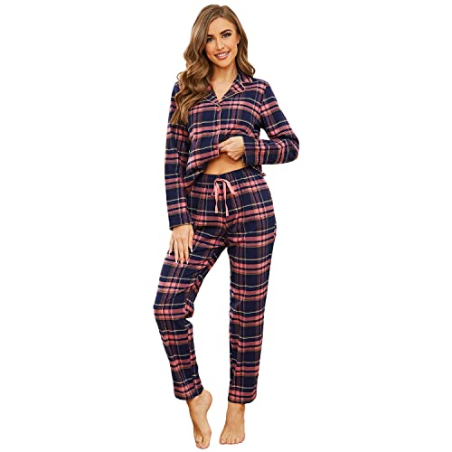 Mnemo Home Damen Schlafanzug Lang Flanell Pyjama Damen 100% Baumwolle aus Flanell (Blaues Pulver mit Golddraht, L) von Mnemo