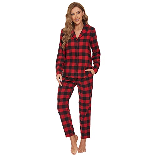 Mnemo Home Damen Schlafanzug Lang Flanell Pyjama Damen 100% Baumwolle aus Flanell (Rotes und Schwarzes Gitter, 2XL von Mnemo