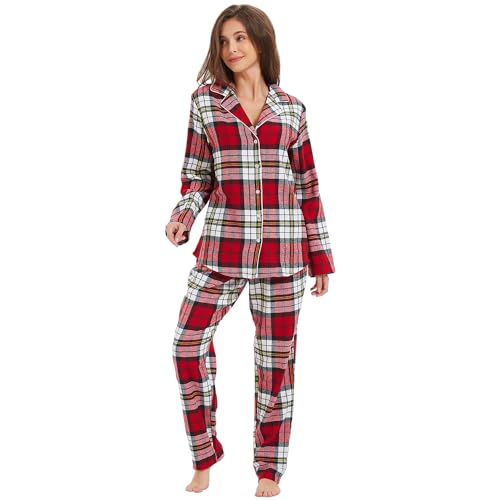 Mnemo Home Damen Schlafanzug Lang Flanell Pyjama Damen 100% Baumwolle aus Flanell Karomuster von Mnemo