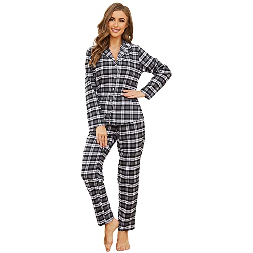 Mnemo Home Damen Schlafanzug Winter Frühling Pyjama Set Dunkelgrau/Rot Schlafoverall 100% Baumwolle aus Flanell,Schwarz,XL von Mnemo