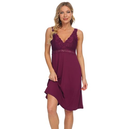 Mnemo Nachthemd Damen Sexy Nachthemd Damen Kurzarm Negligee Damen mit V-Ausschnitt Spitzen Pyjama für Damen (Bordeauxrot, XL) von Mnemo