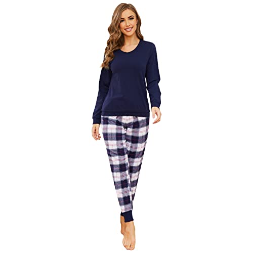 Mnemo Schlafanzug Damen 100% Baumwolle Bequemer Pyjama Damen Baumwolle mit Karomuster (Blau & Weiß, L) von Mnemo