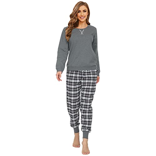 Mnemo Schlafanzug Damen 100% Baumwolle Bequemer Pyjama Damen Baumwolle mit Karomuster (Grau & Schwarz, XS) von Mnemo