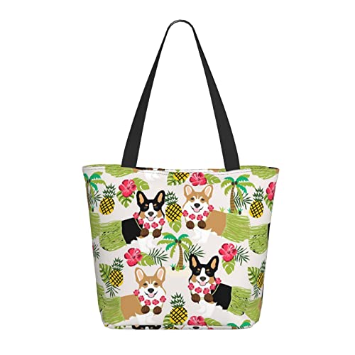 Mngpouw Hobos Damen-Schultertasche mit Flamingo-Vogelmotiv, rund, Blätter, für Arbeit, Schule, Reisen, den täglichen Gebrauch, Tropische Blume und Corgi, Einheitsgröße von Mngpouw