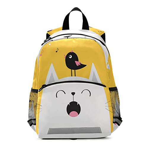 Individueller Namensrucksack, personalisierter Kinderrucksack für Jungen und Mädchen, weiße glückliche Katze, Tier, gelber Rucksack, Kindergarten, Vorschule, Kindergarten, Reisetasche, Multi 27, M von Mnsruu