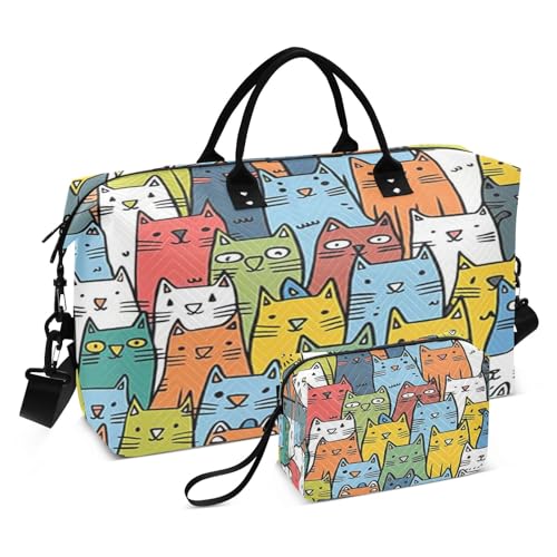 - 08-cat Reisetasche, Reisetasche, Fitnessstudio, Yoga, Handgepäcktasche für Männer und Frauen, Wochenendtasche, Nahtlose Cartoon-Katze, Einheitsgröße, Reisetasche von Mnsruu