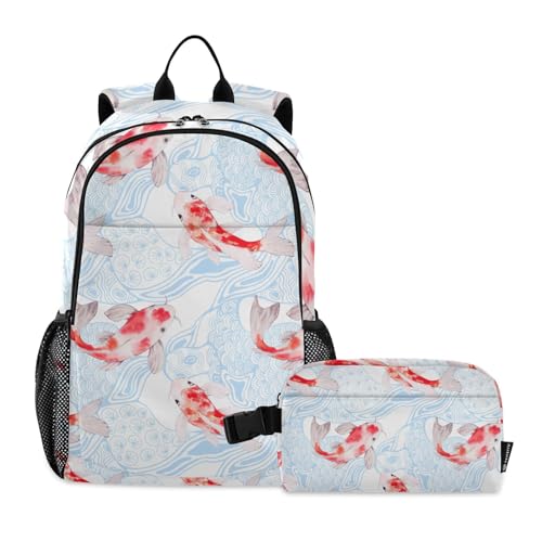 Mnsruu Aquarell-Koi-Fisch-Rucksack mit Lunchbox, Schultaschen-Set für Jungen und Mädchen, 2-teiliges Rucksack-Set, Schultaschen mit Lunchbox, mehrfarbig, Einheitsgröße, Kinderrucksack von Mnsruu