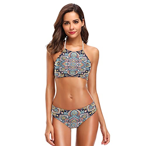 Mnsruu Boho Mandala Ethno Floral Damen Neckholder Bikini Bademode Hohe Taille Gepolstert 2 Stück, mehrfarbig, M/L von Mnsruu