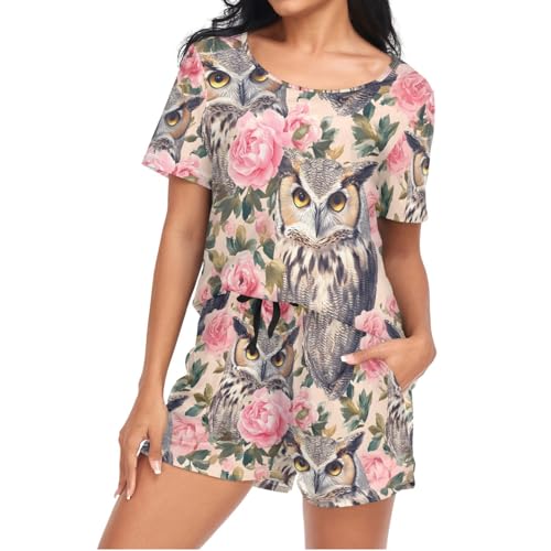 Mnsruu Damen-Schlafanzug-Set mit Eulen-Rosenmuster, kurzärmelig, Loungewear mit Tasche, Größe S, H768, L Mnsruu Damen-Schlafanzug-Set mit Eulen-Rosenmuster, kurzärmelig, Loungewear mit Tasche, Größe S, H768, L von Mnsruu