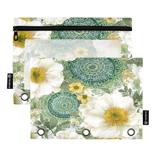 Mnsruu Federmäppchen mit weißem Blumenmuster, Mandshurica-Muster, für 3-Ringbücher mit Reißverschluss, 2 Stück, Federmäppchen mit transparentem Fenster, Kosmetiktasche für Büro, Uni, Büro, Mehrfarbig Mnsruu Federmäppchen mit weißem Blumenmuster, Mandshurica-Muster, für 3-Ringbücher mit Reißverschluss, 2 Stück, Federmäppchen mit transparentem Fenster, Kosmetiktasche für Büro, Uni, Büro, Mehrfarbig von Mnsruu