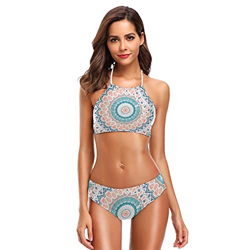 Mnsruu Rosa Blau Indische Mandala Ethnische Floral Damen Neckholder Bikini Bademode Hohe Taille Gepolstert 2 Stück Gr. Large/X-Large, mehrfarbig von Mnsruu