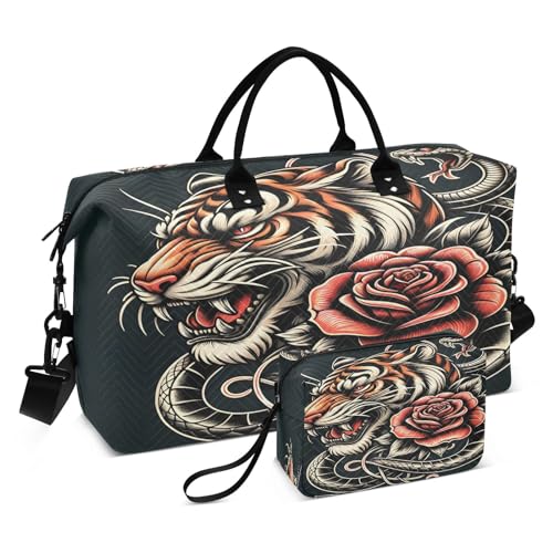 Reisetasche, Motiv: Head Tiger mit Schlange und roter Rose, für Damen und Herren, mit Aufbewahrungstasche, Wochenendtasche, Handgepäcktasche für Reisen, Reisen, Fitnessstudio, Yoga, Head Tiger mit von Mnsruu