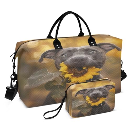 Reisetasche mit Sonnenblumen-Motiv, für Männer und Frauen, Turnbeutel mit Aufbewahrungstasche, Wochenendtasche, Handgepäcktasche für Reisen, Fitnessstudio, Yoga, Hund mit Sonnenblume, Einheitsgröße, von Mnsruu