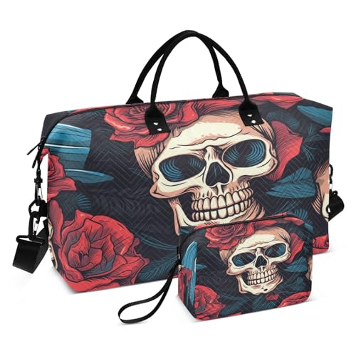 Reisetasche mit Totenkopf-Rosen, für Fitnessstudio, Yoga, Handgepäcktasche für Männer und Frauen, Wochenendtasche, Totenkopf-Rote Rose, Einheitsgröße, Reisetasche von Mnsruu